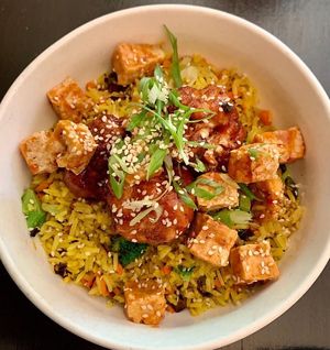 Kung Pao Bowl with crispy tofu cubes added  at The Organic Grill in New York City