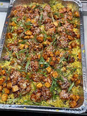 Kung Pao dish w crispy tofu cubes catering  at The Organic Grill in New York City