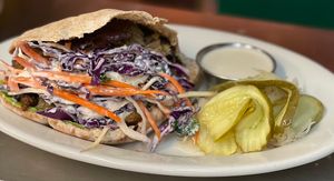 Shawarma  Pita w Tzatziki sauce  at The Organic Grill in New York City