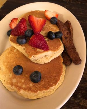 Slamcakes  : gf oatmeal pancakes w fruits or tempeh bacon or veggie sausage   at The Organic Grill in New York City