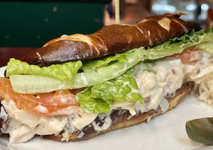Lobster Roll ( hearts of palms). Served on pretzel bun   at The Organic Grill in New York City