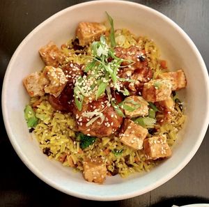 Kung Pao Bowl w fried tofu cubes added   at The Organic Grill in New York City