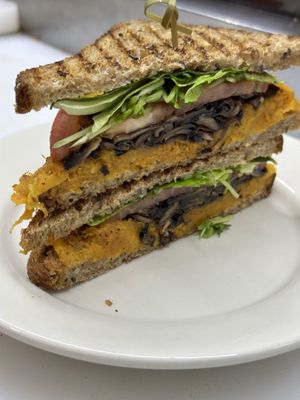 FALL SANDWICH (SOY FREE): Roasted squash mash, roasted mushrooms, lettuce, tomatoes, sprouts between
toasted slices of the rye bread. Served with pickle and kraut on the side.
  at The Organic Grill in New York City