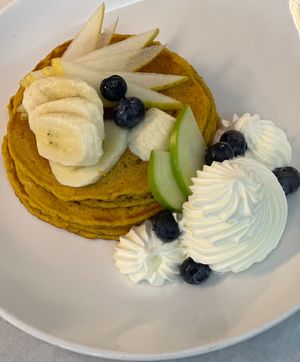Pumpkin Pancakes w Fruits, Berries & Whipped Cream   at The Organic Grill in New York City