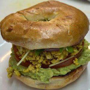 New Dish: Breakfast Bagel or Bialy w cream cheese , avocado and tofu scramble   at The Organic Grill in New York City