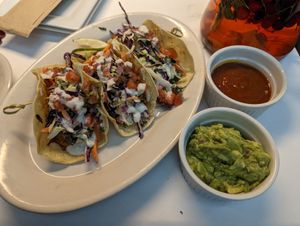 Pulled mushroom tacos with avocado and hot sauce at The Organic Grill in New York City