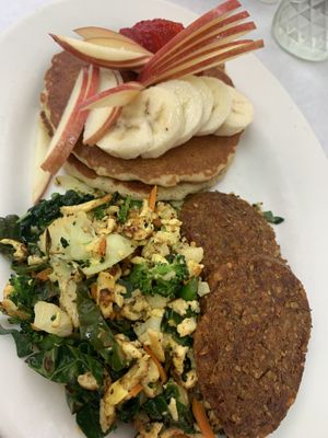 Pancakes tofu scrambled and homemade vegan sausage   at The Organic Grill in New York City