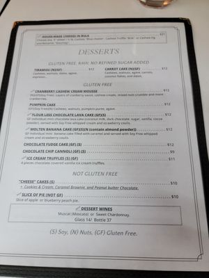 Dessert menu at The Organic Grill in New York City