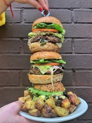Burger Challenge “I Beat The Machine Burger Challenge”
Try and beat the Machine!
Price: $27
Time Limit: 10 Minutes
Description: 3 mushroom patties, 1 bun, caramelized onions, roasted portobello mushrooms, 3 scoops of guacamole, vegan/dairy cheese, pesto, lettuce, tomato, sprouts, & fries!
Prizes: “I beat the machine” tee shirt, OG certificate, and a picture on our wall of fame! #ibeatthemachine
Finish this monster in under 10 minutes and become an OG hall of famer! Ask your server for more details! at The Organic Grill in New York City
