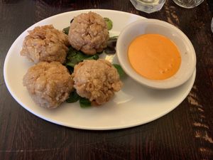 Mac and cheese balls with sriracha mayo  at The Organic Grill in New York City