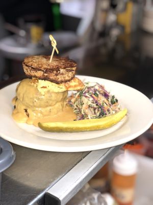 New Dish : Omelette Burger. This burger is offered with two options  instead of a bun: hash browns or pancakes  at The Organic Grill in New York City