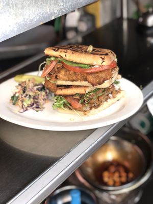 OGicken Sandwich ( corn crusted fried oyster mushrooms) . Served on a focaccia bread  at The Organic Grill in New York City