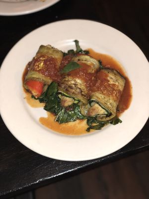 Eggplant & Zucchini Rollatini stuffed with Tofu Ricotta and Roasted Red Peppers   at The Organic Grill in New York City
