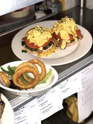 Brunch : Tofu Benedict and Gluten Free Onion Rings  at The Organic Grill in New York City
