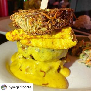 Breakfast Burger : served with hash browns or pancakes instead of buns! at The Organic Grill in New York City