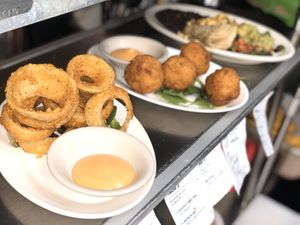 Gluten Free Onion Rings and Mac and Cheese Bombs  at The Organic Grill in New York City
