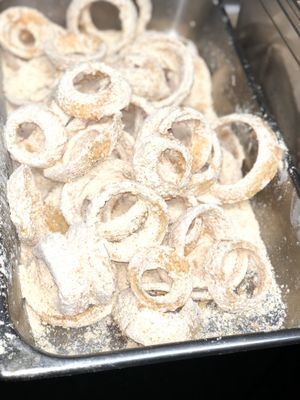Gluten Free Onion Rings being prepped  at The Organic Grill in New York City