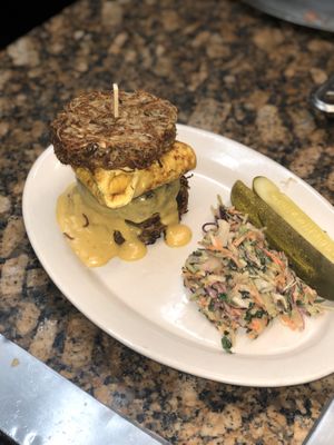 Breakfast Burger : served with small Omellete and Pancakes   or  Hash Browns instead of  a bun  at The Organic Grill in New York City