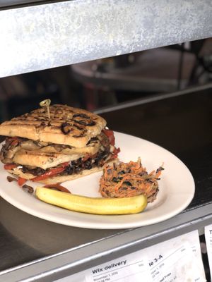 Pepper steak  Sandwich w Oyster Mushroom  and out melts house made cheese ! So yummy !   at The Organic Grill in New York City