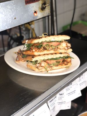 OGicken Sandwich :  fried corn crusted  oyster mushrooms on a focaccia bread  at The Organic Grill in New York City