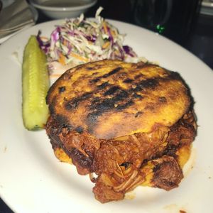 SO GOOD! What an incredible pulled “pork” barbecue sandwich with a GF bun. The GF bun is delicious and made of sweet potatoes. Definitely helps a BBQ vegan craving! at The Organic Grill in New York City