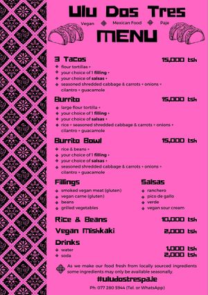 Menu at Ulu Dos Tres Taco in Zanzibar