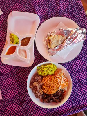burrito and bowl with 4 different sauces at Ulu Dos Tres Taco in Zanzibar