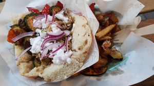 Vegan sandwich with fresh turkish flat bread and fresh vegetables (I already ate half of them) at Impact Berliner Kebap in Paris