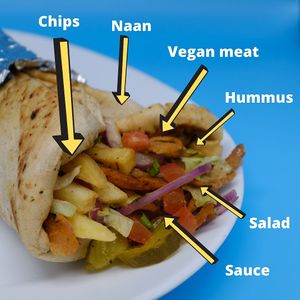 HELLO Vegan Gyro!!
Vegan meat, hummus, house salad and chips wrapped in a naan. Add your choice of sauces, up to 3, chilli green, garlic to naga 🔥🔥🔥 at Fat Cafe Med-Ly in Ilford