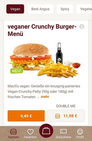 Veganer crunchy burger Menü 9,49€ at Burgerme - Luruper in Hamburg