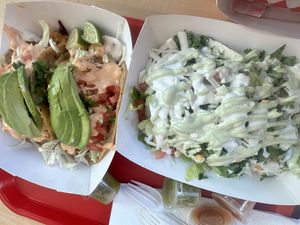 fish tacos, tacos de papa  at El Veganito in La Mesa