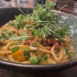 Vegan pumpkin curry noodles at Salt Raw Bar in Plymouth