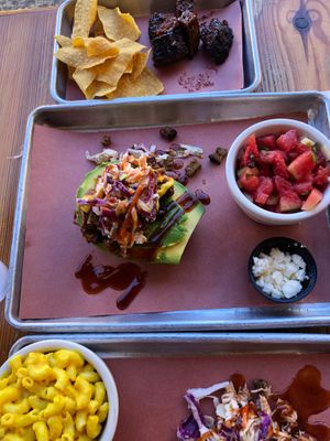 Burnt ends, Brisket stuffed avocado, Pulled pork + mac & cheese at San Juan Smokehouse in San Juan