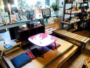 Kids' space. Toys, picture books, etc. at Cafe Slow in Tokyo