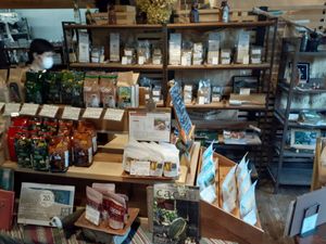 Drinks and spices for sale at Cafe Slow in Tokyo