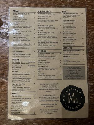 Menu as of August 7th 2022 - only 1 veg option  at Mansfield Hotel in Mansfield