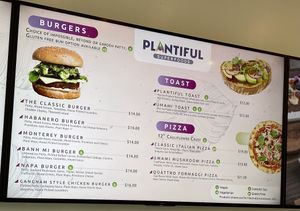 Burger and pizza menu at Plantiful Superfoods in Kirkland