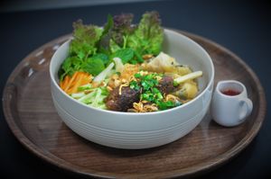 Rice Vermicelli with Grilled Meat Satay at Vegan World Peace by Loving Hut in Reykjavik