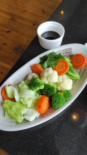 Steamed veggies as side at Vegan World Peace by Loving Hut in Reykjavik