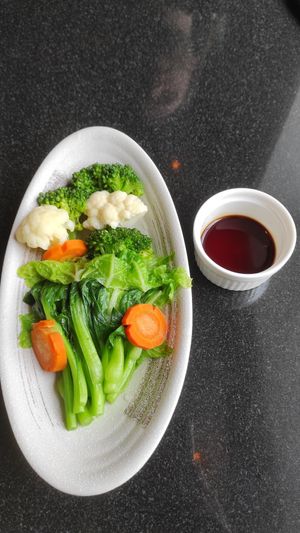 Steamed veggies with soya sauce at Vegan World Peace by Loving Hut in Reykjavik