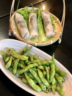 Spring roll and edamame  at Vegan World Peace by Loving Hut in Reykjavik