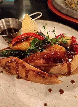 "Chicken" with roasted veggies. Delicious! at Vegan World Peace by Loving Hut in Reykjavik