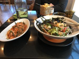 Japanese noodles, kimchi and fries at Vegan World Peace by Loving Hut in Reykjavik