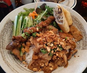 Rice Vermicelli with grilled m*at Satay & Spring Roll at Vegan World Peace by Loving Hut in Reykjavik