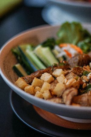 Rice Vermicelli with grilled Meat Satay and Spring Rolls. at Vegan World Peace by Loving Hut in Reykjavik