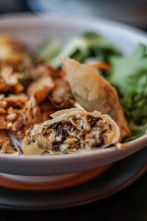 Rice Vermicelli with grilled Meat Satay and Spring Rolls. at Vegan World Peace by Loving Hut in Reykjavik