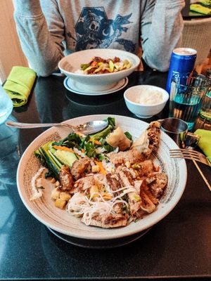 Rice Vermicelli with grilled Meat Satay and Spring Rolls. at Vegan World Peace by Loving Hut in Reykjavik