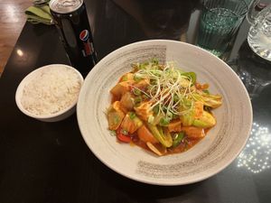 MAPO TOFU - Tofu, paprika, onion, garlic & szechuan sauce, steam rice.  at Vegan World Peace by Loving Hut in Reykjavik