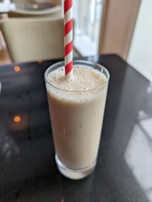 The most delicious strawberry banana milkshake I've had at Vegan World Peace by Loving Hut in Reykjavik