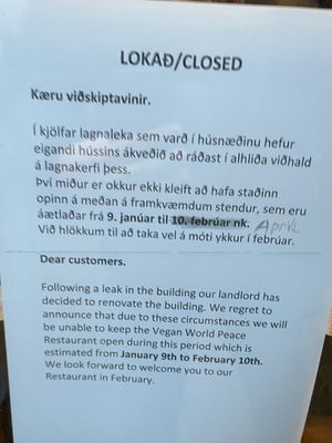 Still closed, March 2023  at Vegan World Peace by Loving Hut in Reykjavik